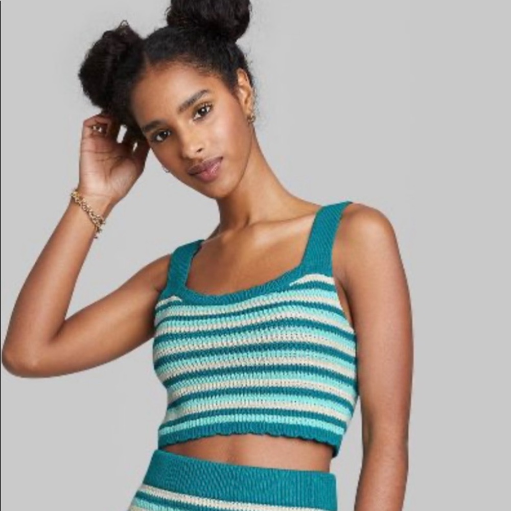 Women's Sweater Knit Summer Tank Top Wild Fable Crochet Blue Teal Stripe Medium